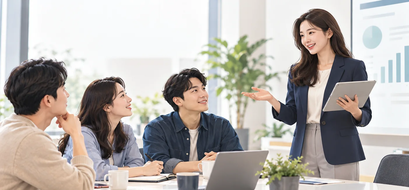 전문강사가 성인 참석자에게 방문 프로그램을 안내하는 장면을 표현한 생성 이미지